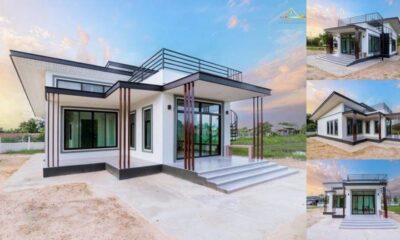 บ้านพักอาศัยหนึ่งชั้นสไตล์บ็อคกล่อง 2 ห้องนอน 1 ห้องน้ำ ระเบียงด้านข้างดาดฟ้า